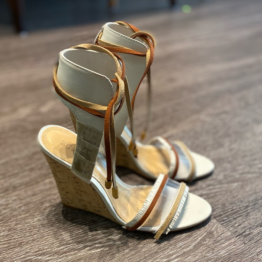 SCHUTZ white cork wedge tie sandals